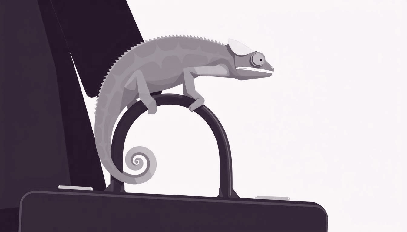 A chameleon perched on a briefcase handle, its tail curling around the metal as it shifts its color