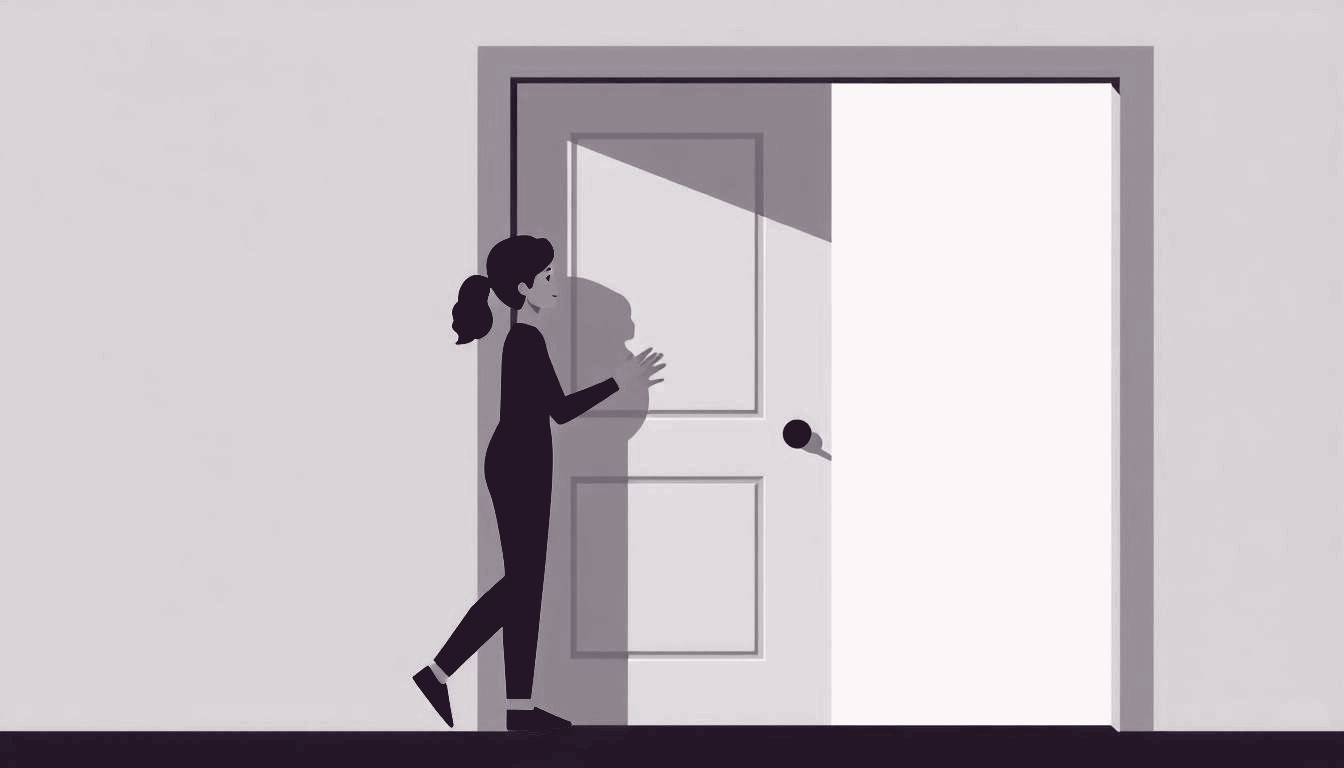A person gently pushing a closed door open with a calm expression.