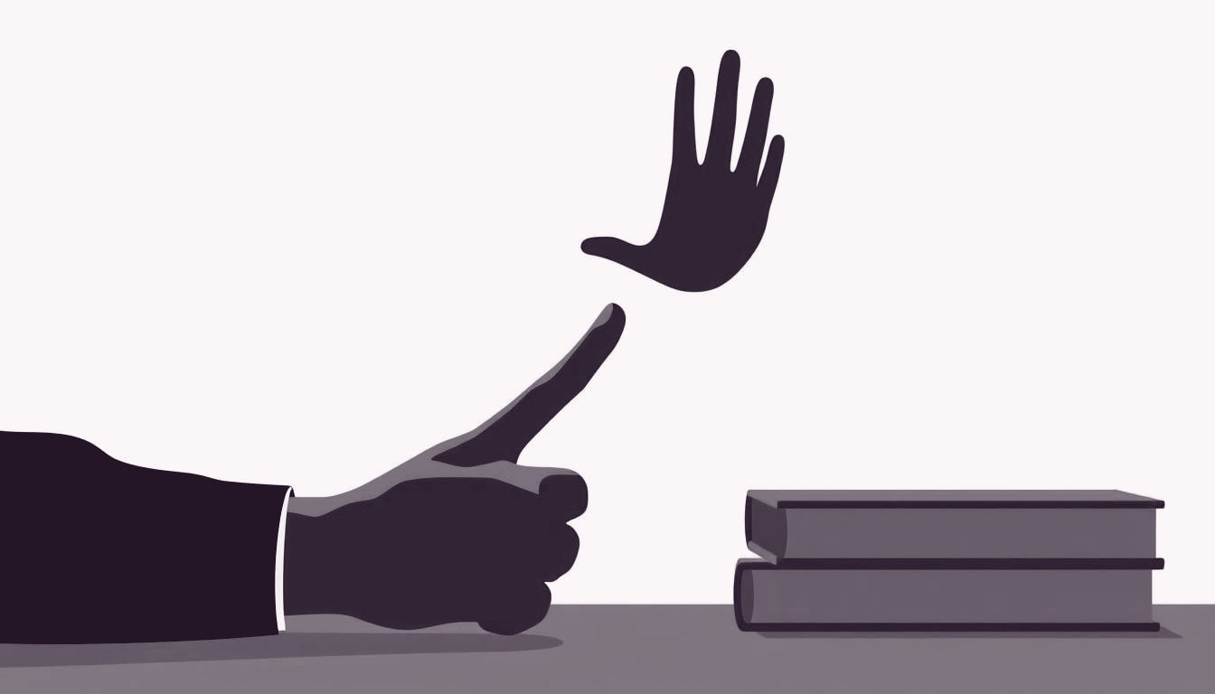 A single outstretched hand hovering just above another hand on a desk, fingertips almost touching