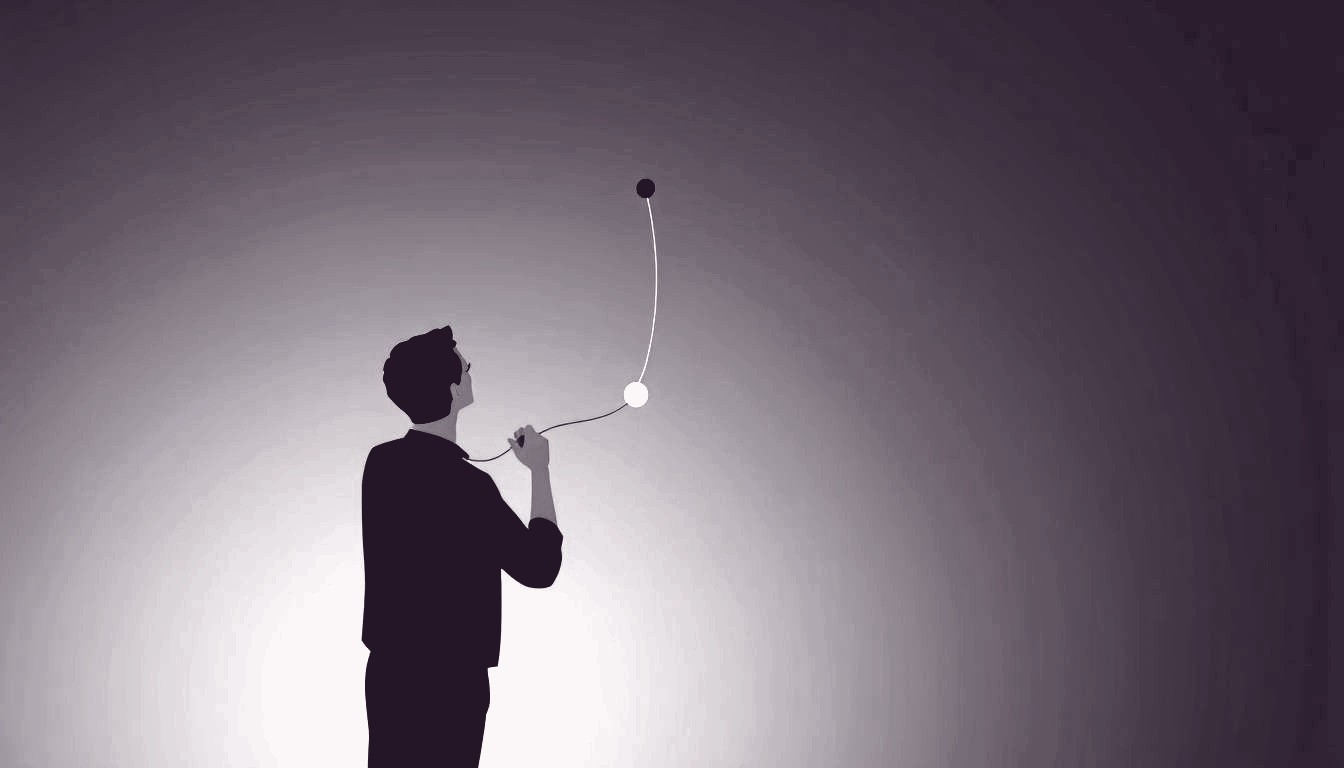 A person reaches back to tug a thin thread emerging from their chest, stretching toward an unseen figure.