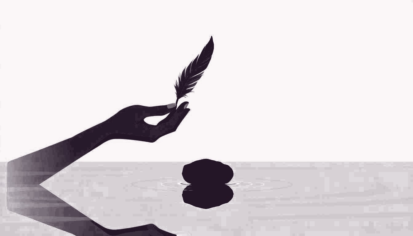 A person gently cradles a feather in one hand and a solid stone in the other, hovering over a calm surface
