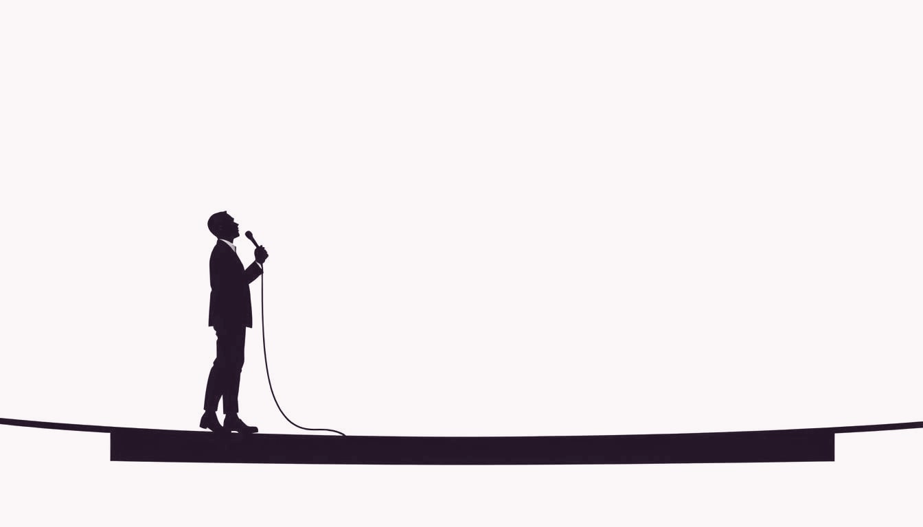 A speaker stands on a tightrope, gripping a microphone, eyes focused forward as a subtle wind sways the rope