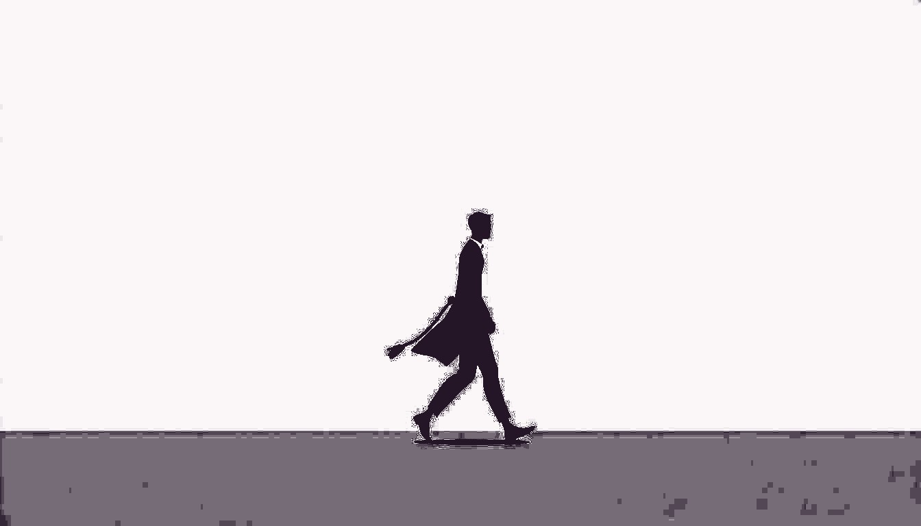 A lone figure walks, a thick rope tied to their waist pulls them toward a solid wall.
