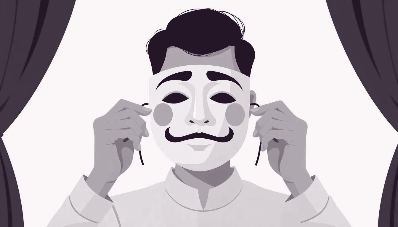 A person lifts a theatrical mask from their face, revealing a calm expression beneath, hinting at hidden communication styles.