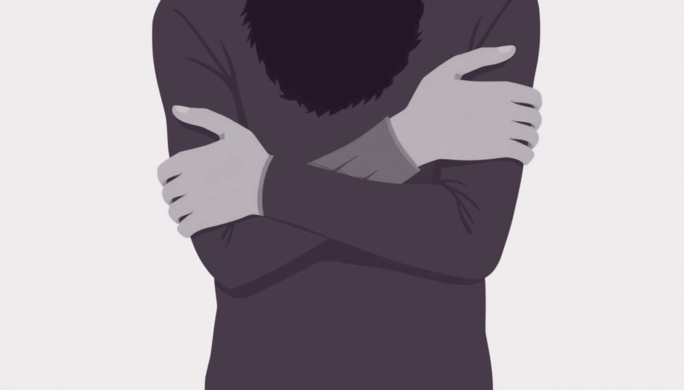 A person folds their arms tightly across their chest, head bowed, as if retreating inward.