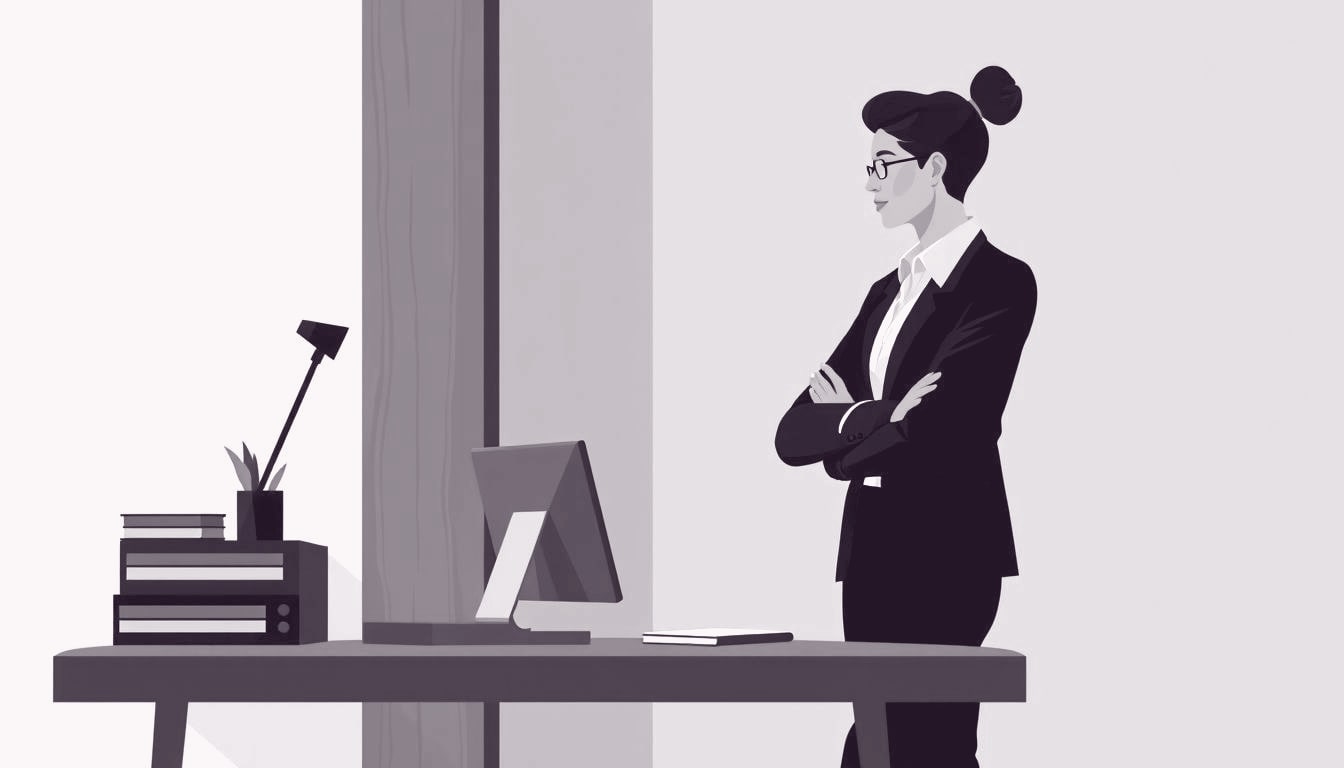 A professional stands at a desk, gently leaning a sturdy wooden beam against a wall, embodying solid support behind them.
