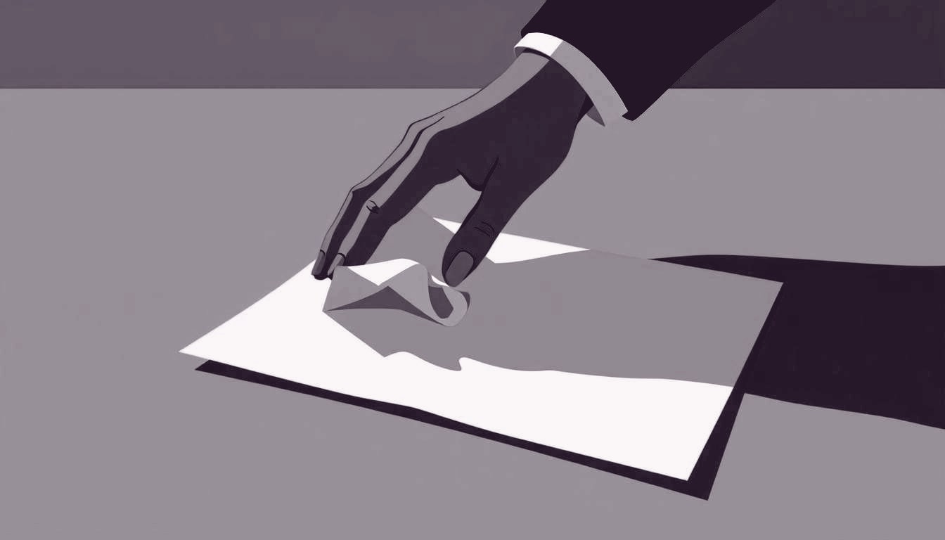 A hand gently smoothing a crumpled paper on a conference table