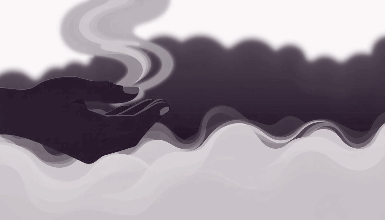 A hand gently cups a swirling mist, calming its restless motion.