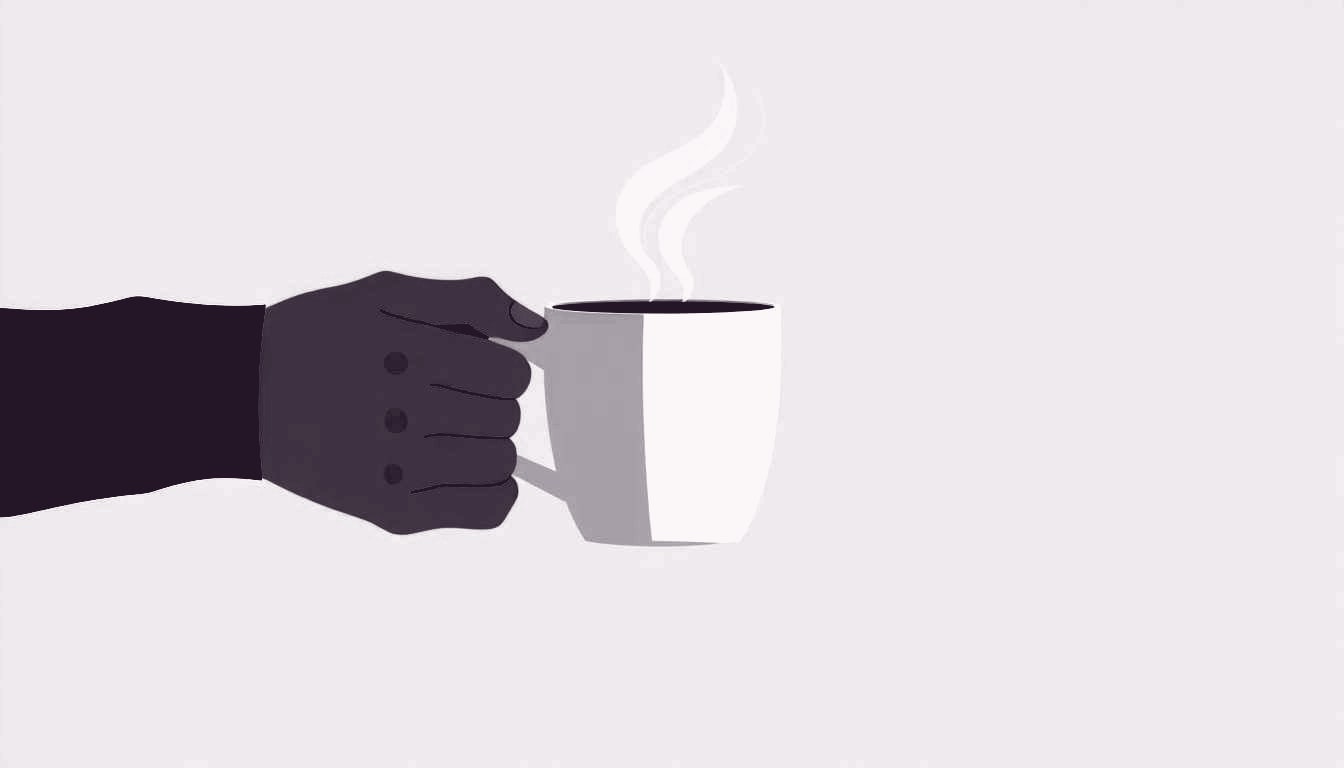 A hand gently passes a steaming mug to another hand, fingertips just touching, conveying quiet support
