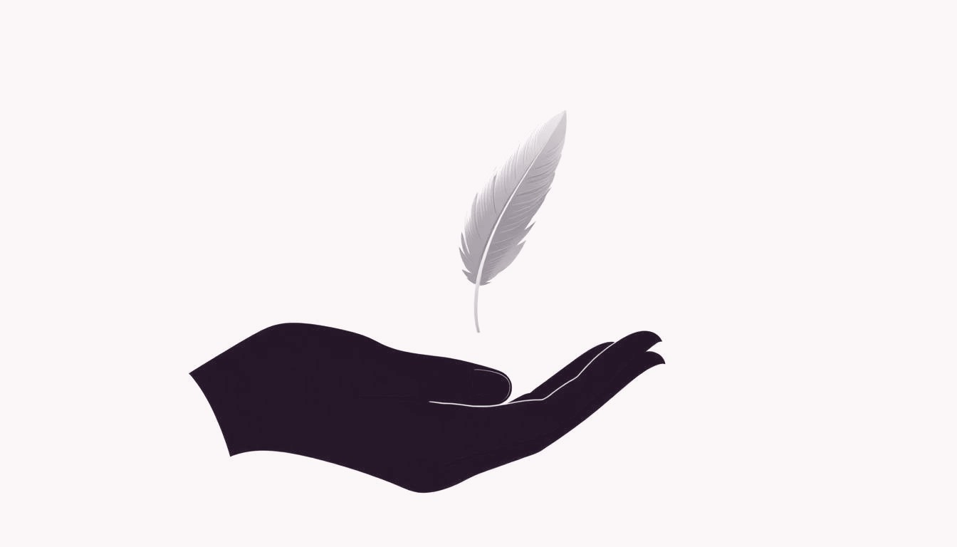 A hand gently lifts a single feather, extending it forward as an offering