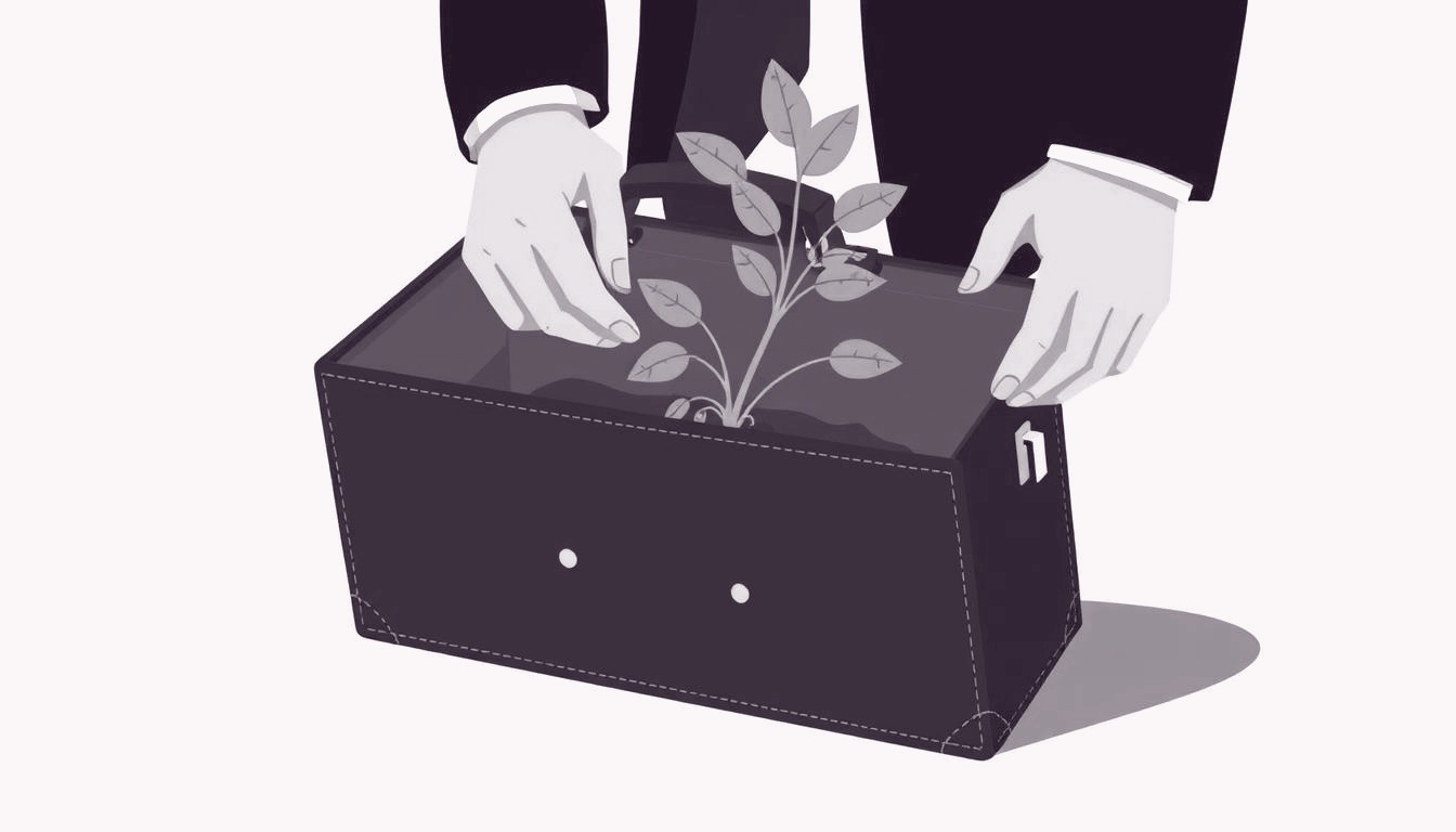 A weary founder pulls a wilted sprout from a leather briefcase, their hand trembling.