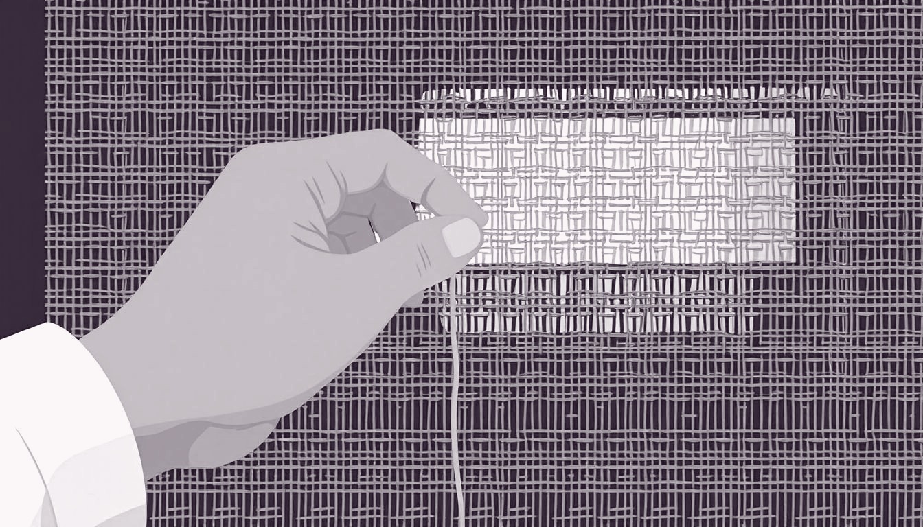 An adult hand carefully pulls a loose thread from a woven tapestry, revealing a bright pattern beneath.
