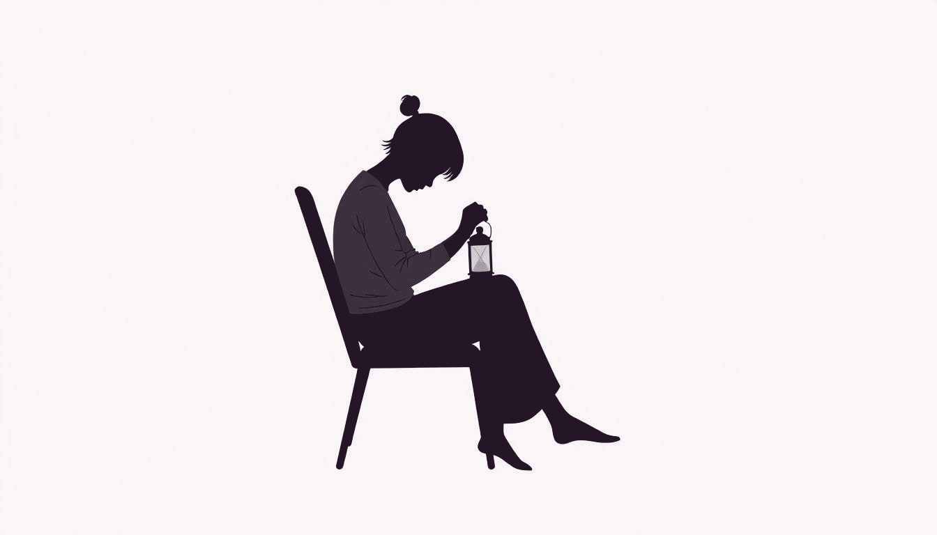 A solitary figure curled on a chair, head bowed, hands gently cradling a small lantern