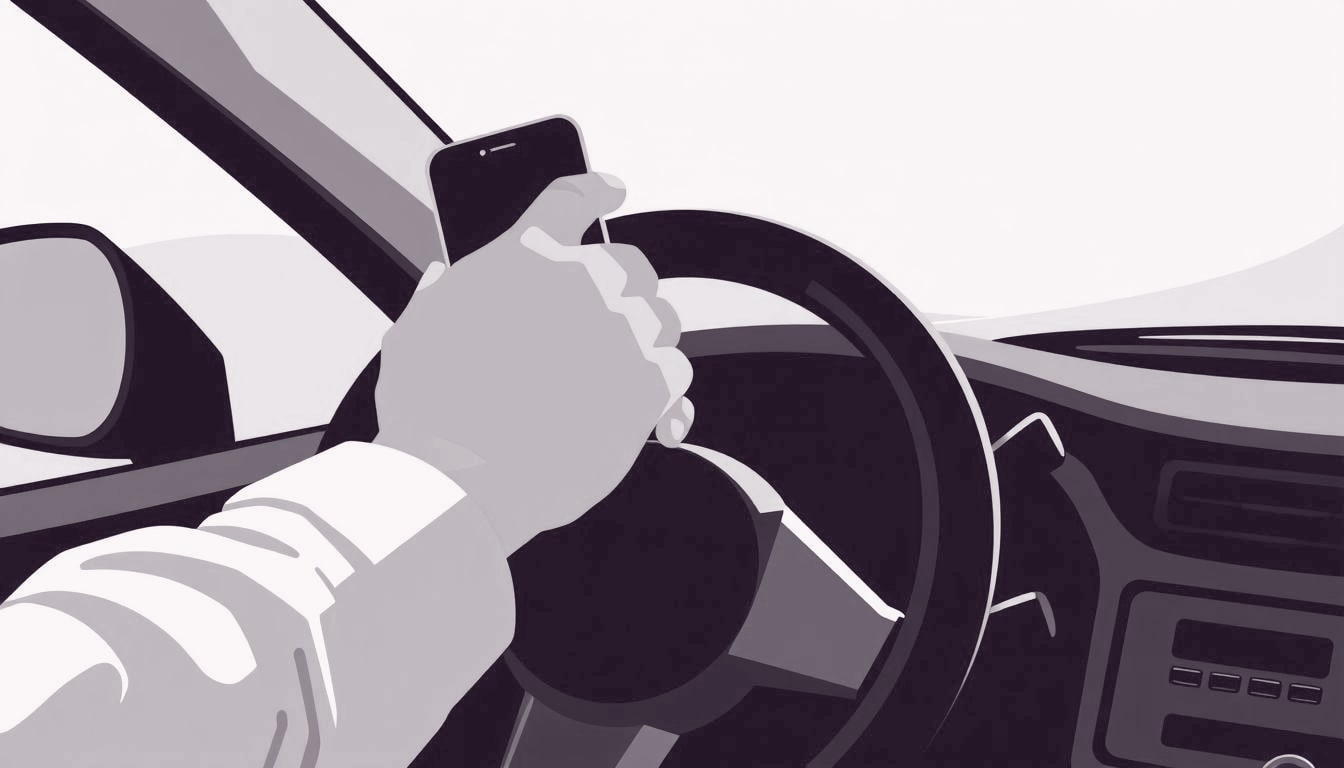 A hand firmly grips a steering wheel fashioned from a smartphone, showing steady control amid unseen currents