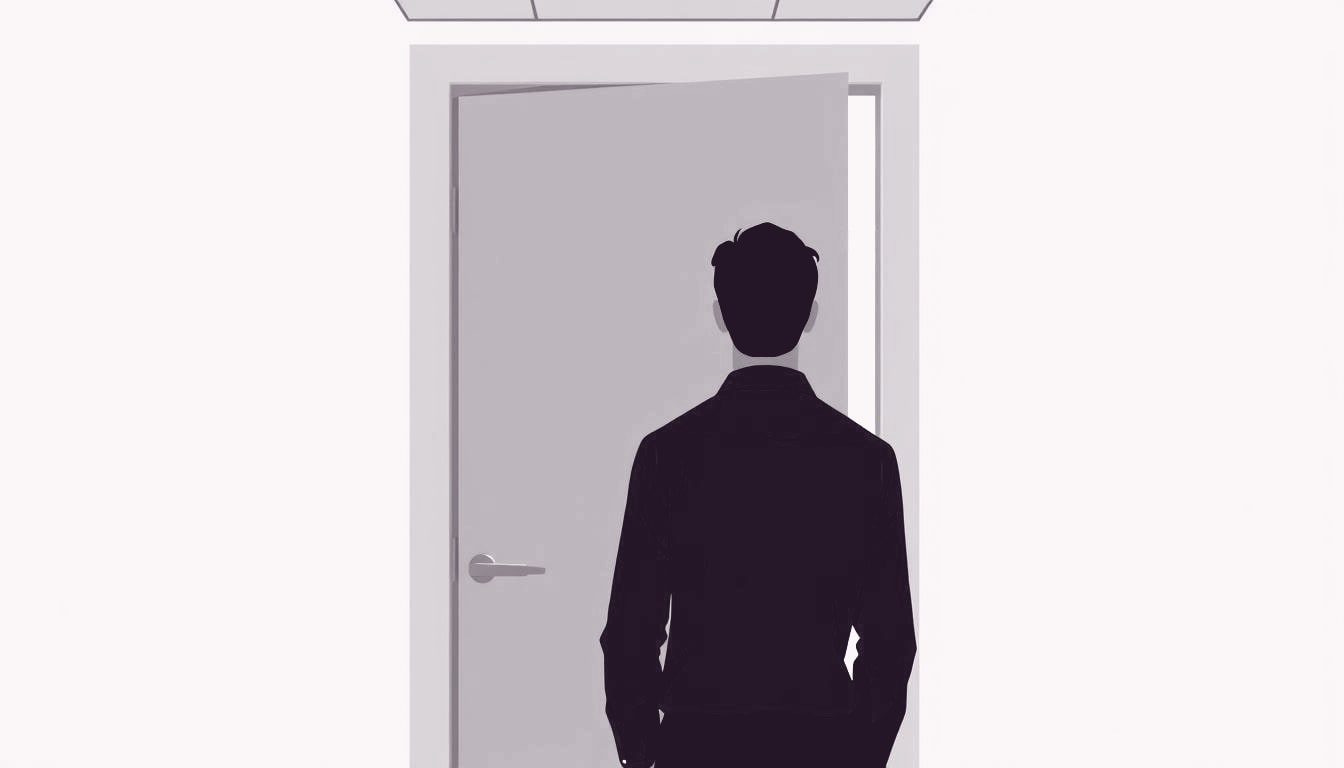 An employee pauses at a partially open office door, one shoulder turned toward the bright corridor, the other leaning against the dim cubicle wall.