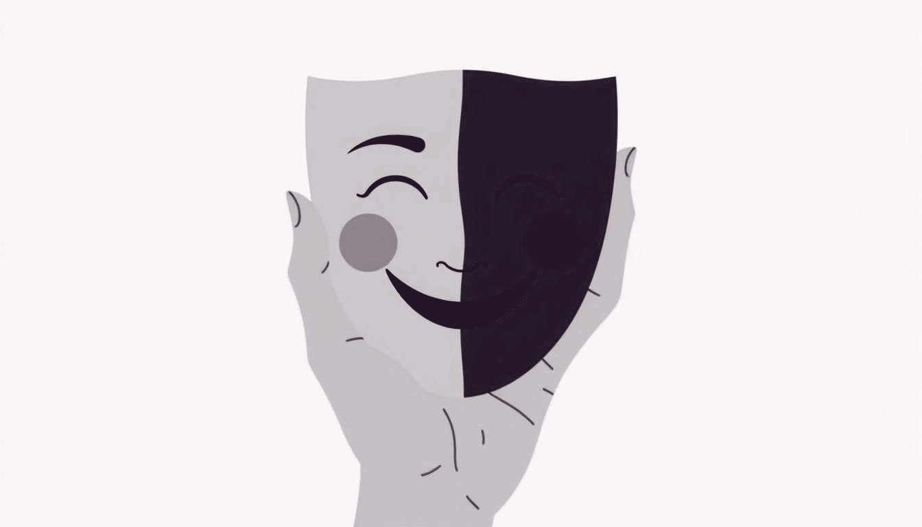 A hand gently holds a mask split between a calm expression and a wide smile, hinting at the dual nature of introversion and extroversion.
