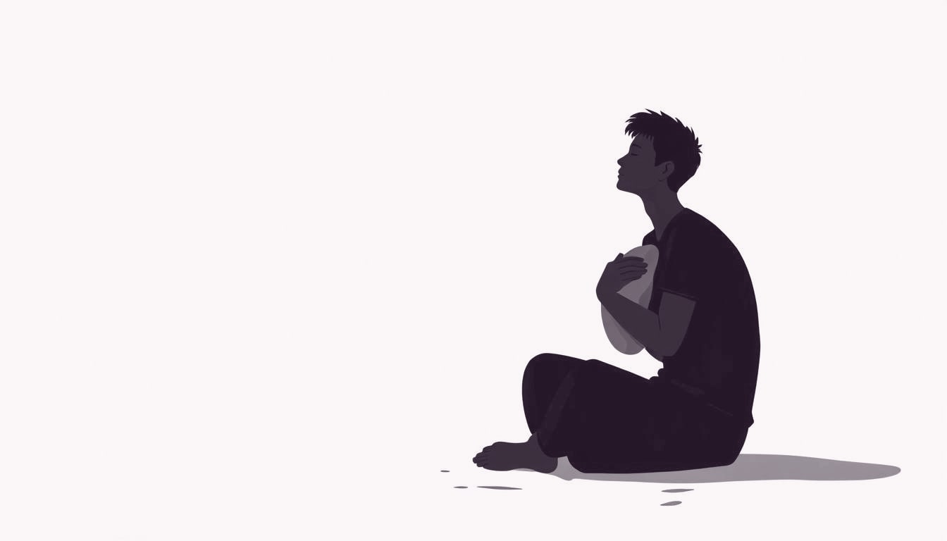 A solitary figure sits, clutching a smooth stone to their chest, eyes closed, shoulders tense as they breathe slowly