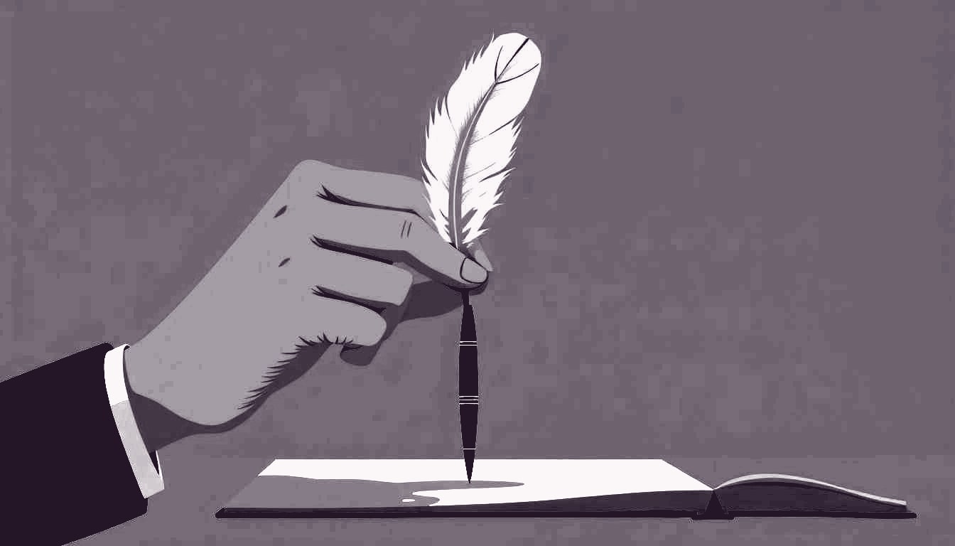 a person carefully balances a feather on the tip of a pen