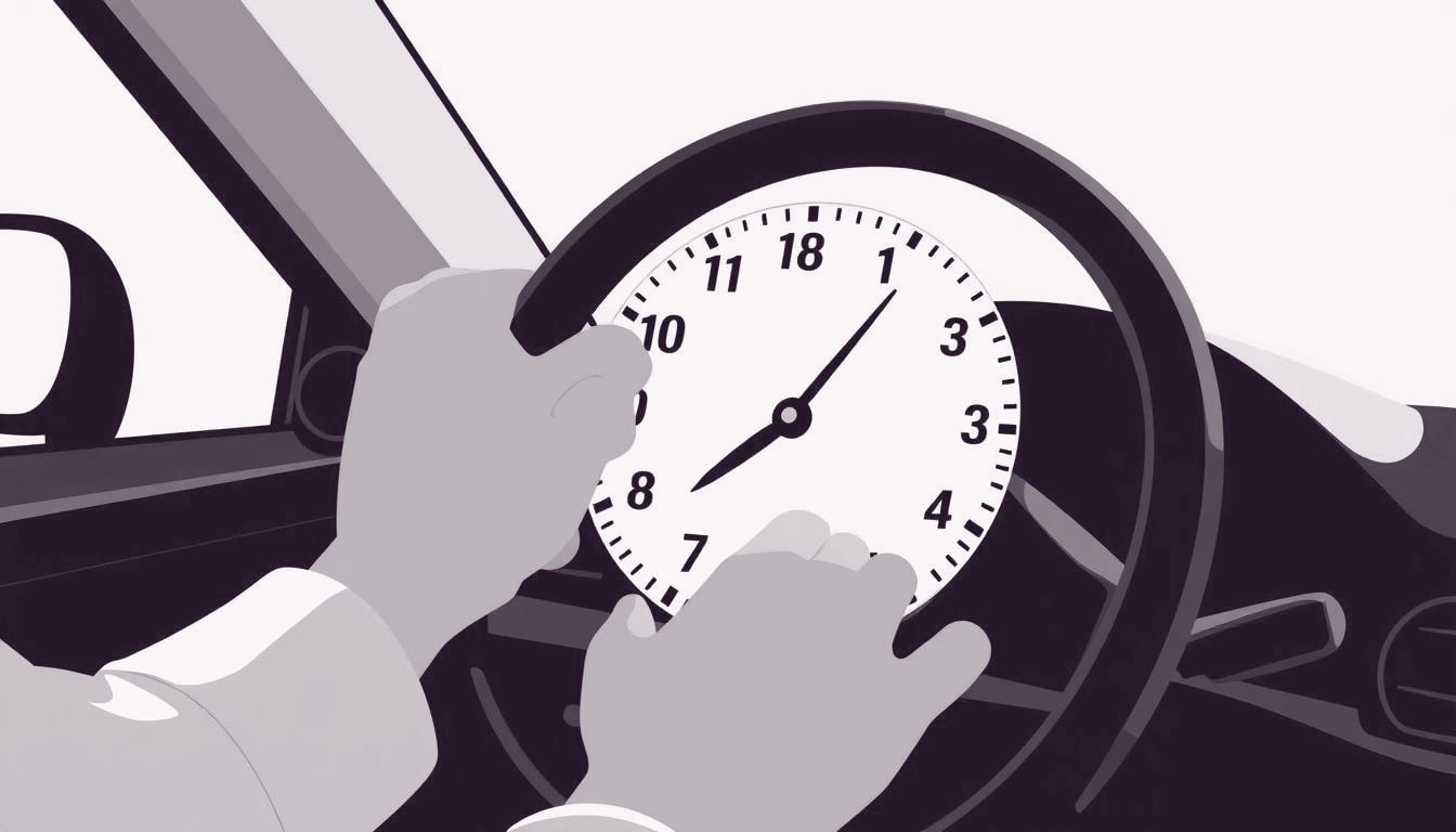 A hand grips a steering wheel that seamlessly transforms into a clock face, illustrating personal control over time at work