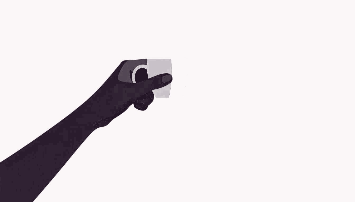 A hand holding a coffee cup is extended toward another hand, fingertips just about to meet