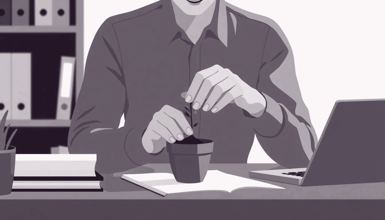 An employee gently places a seed into a small potted plant on a desk.