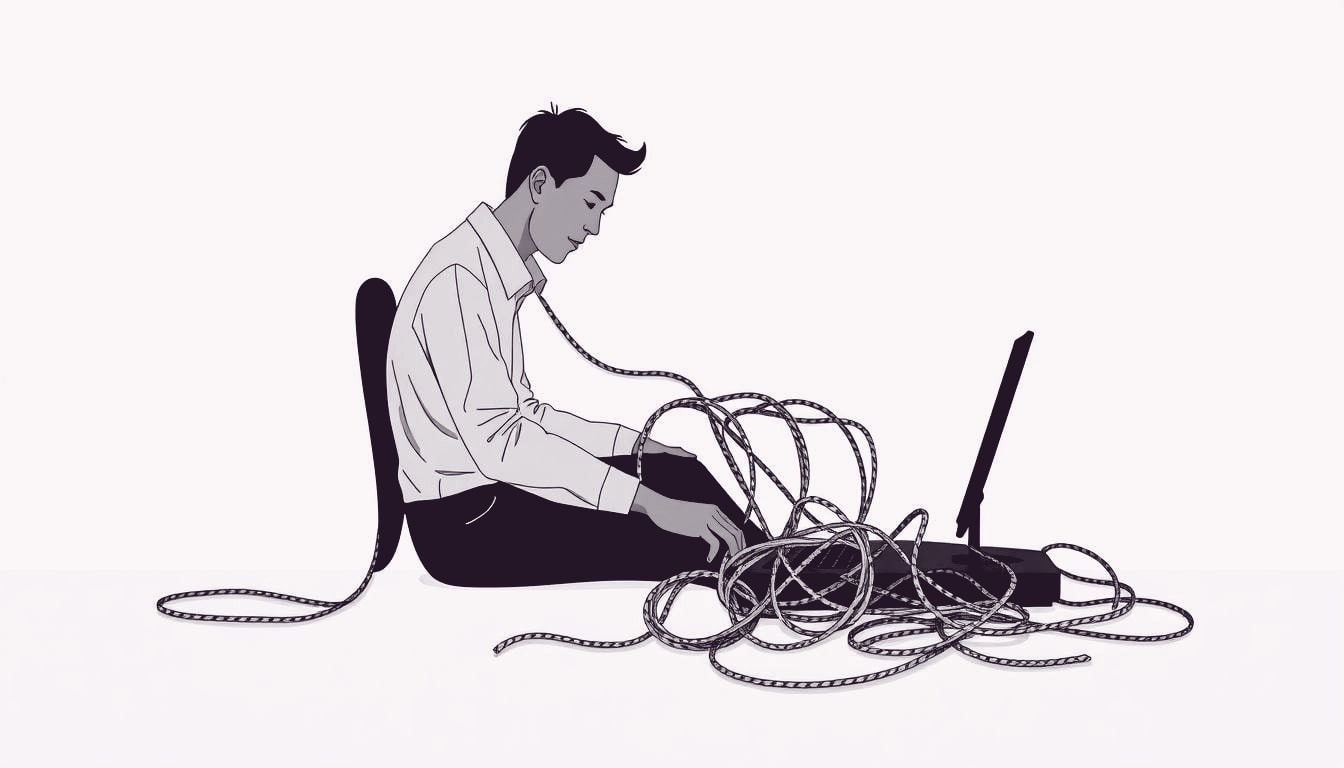 A seated employee leans forward, their head spilling a tangled rope that loops around the keyboard