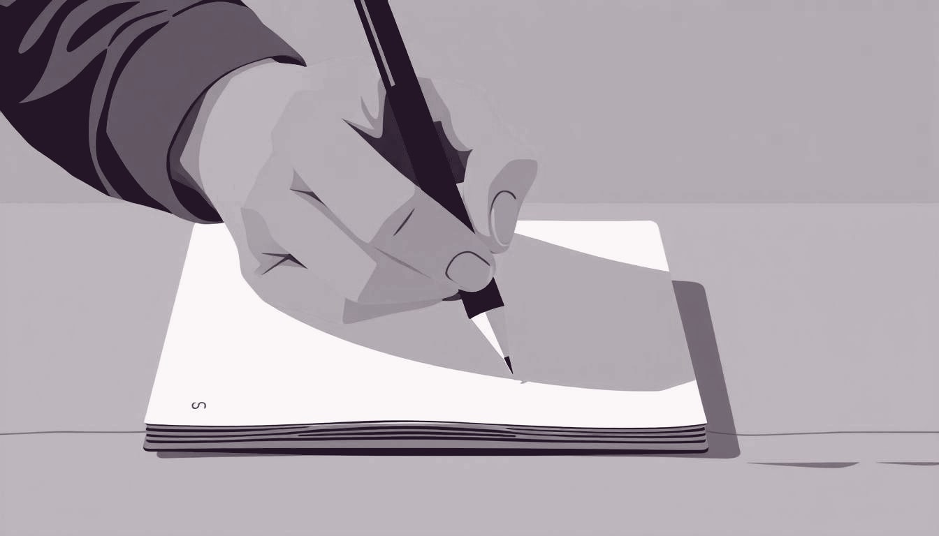 A steady hand gently steadies a wobbling pen on a notebook, showing calm control in a work moment