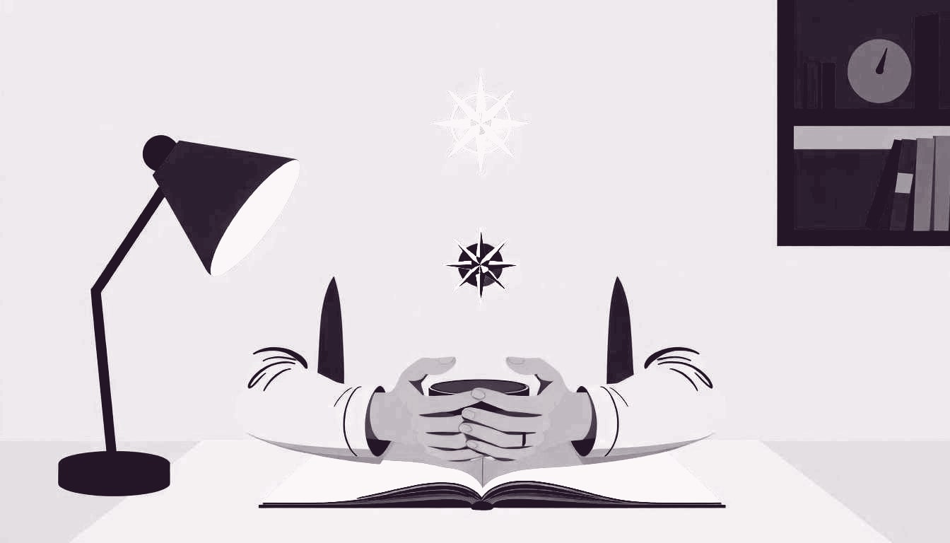 A person seated at a desk, gently cradling a single compass rose hovering above their chest