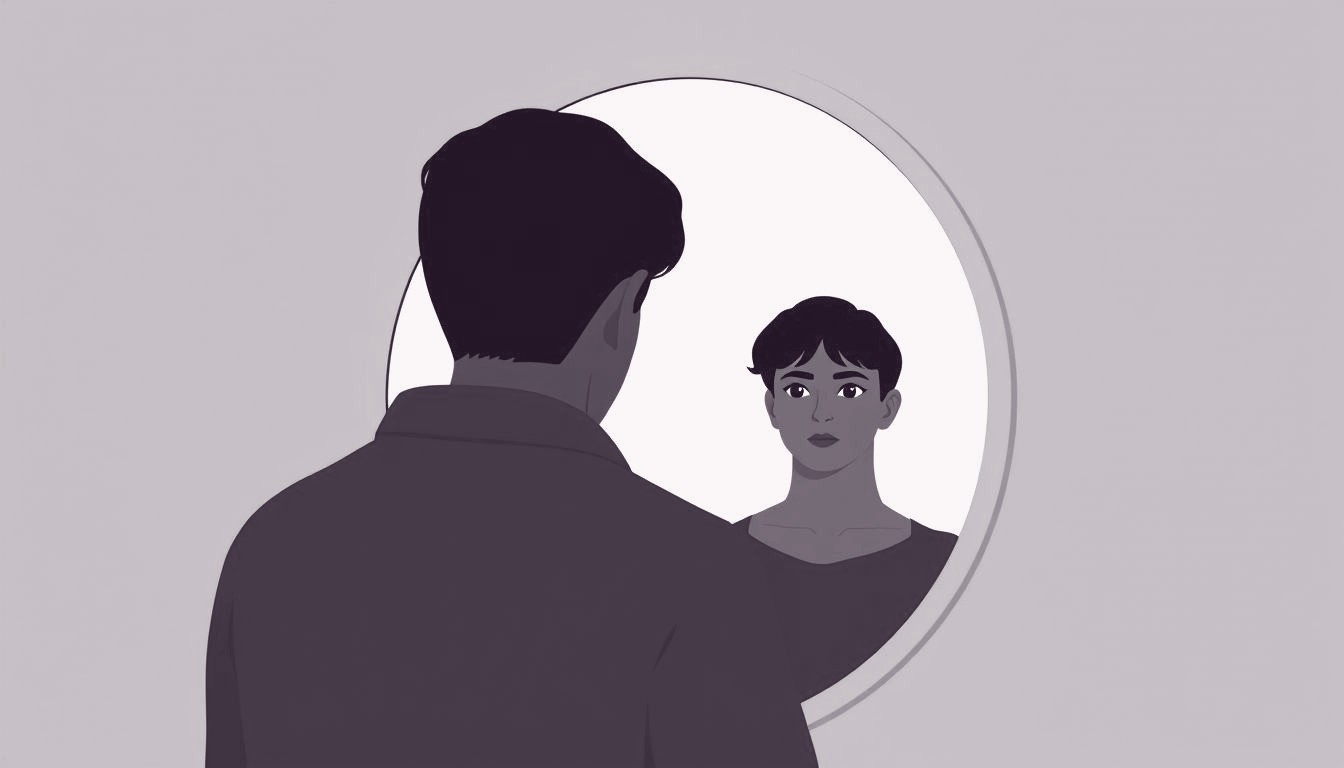 A person peers into a mirror that reflects them in a poised, forward‑leaning stance.