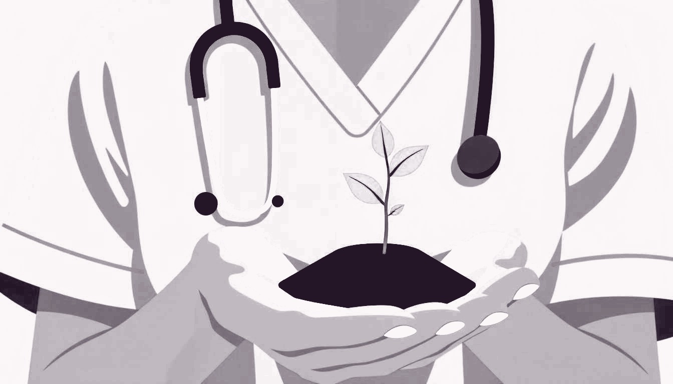 A nurse gently cradles a tiny seedling sprouting from her palm, symbolizing resilient growth amid fatigue.