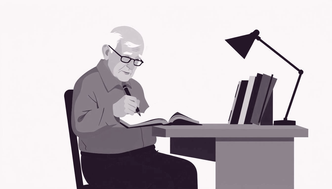 A retired person seated at a simple desk, hand poised over an open notebook, eyes looking down as they begin to write