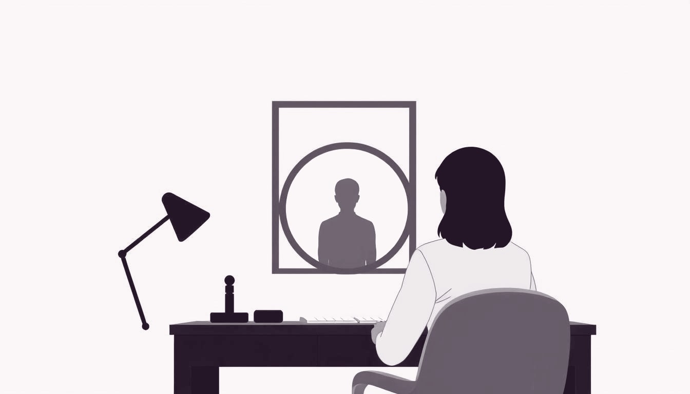 A person peers into a pristine mirror that reflects a single, steady silhouette of themselves while seated at a desk