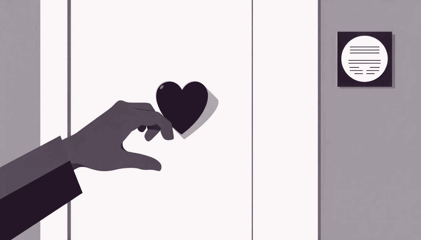 A hand grips a heart‑shaped door handle and pushes the office door open, symbolizing confident entry into work