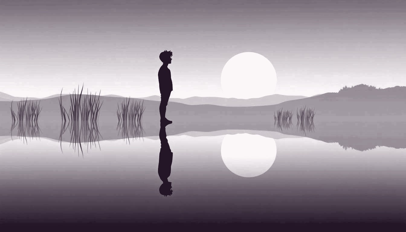 An adult gazes at their reflection in a still pond, the mirrored image appearing subtly taller than the person.