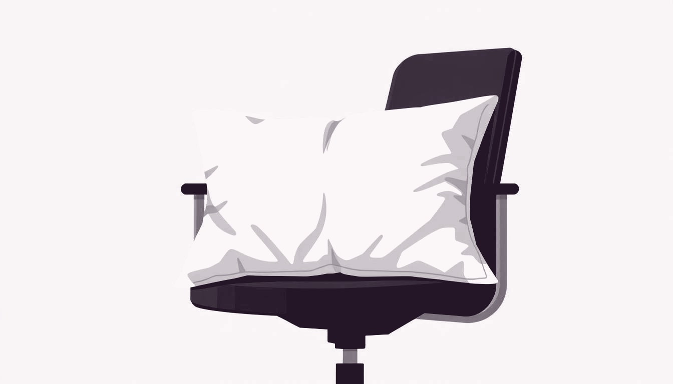 An office chair with a soft pillow draped over the seat, suggesting sleep and low energy in the workplace