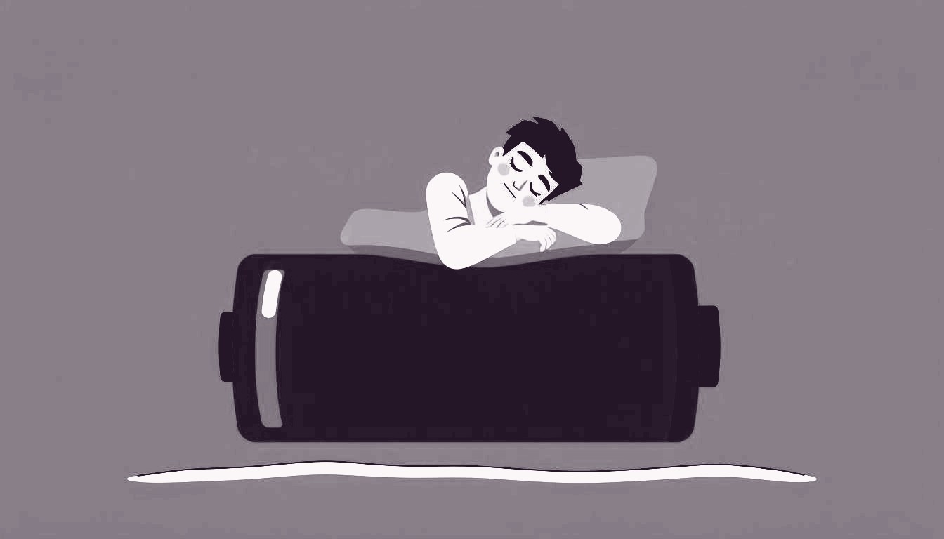 A person rests on a pillow shaped like a battery, eyes half closed, shoulders relaxed.