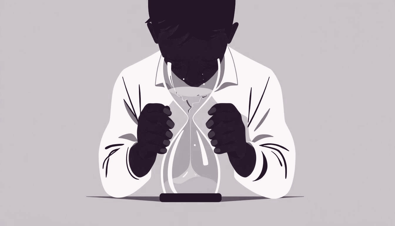 A weary figure cradles a cracked hourglass as fine sand drips onto their shoulders, symbolizing mounting stress and burnout.