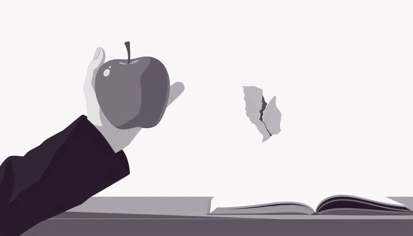 A teacher’s hand releases a single wilted apple onto a desk, its skin cracked, suggesting lost appreciation.
