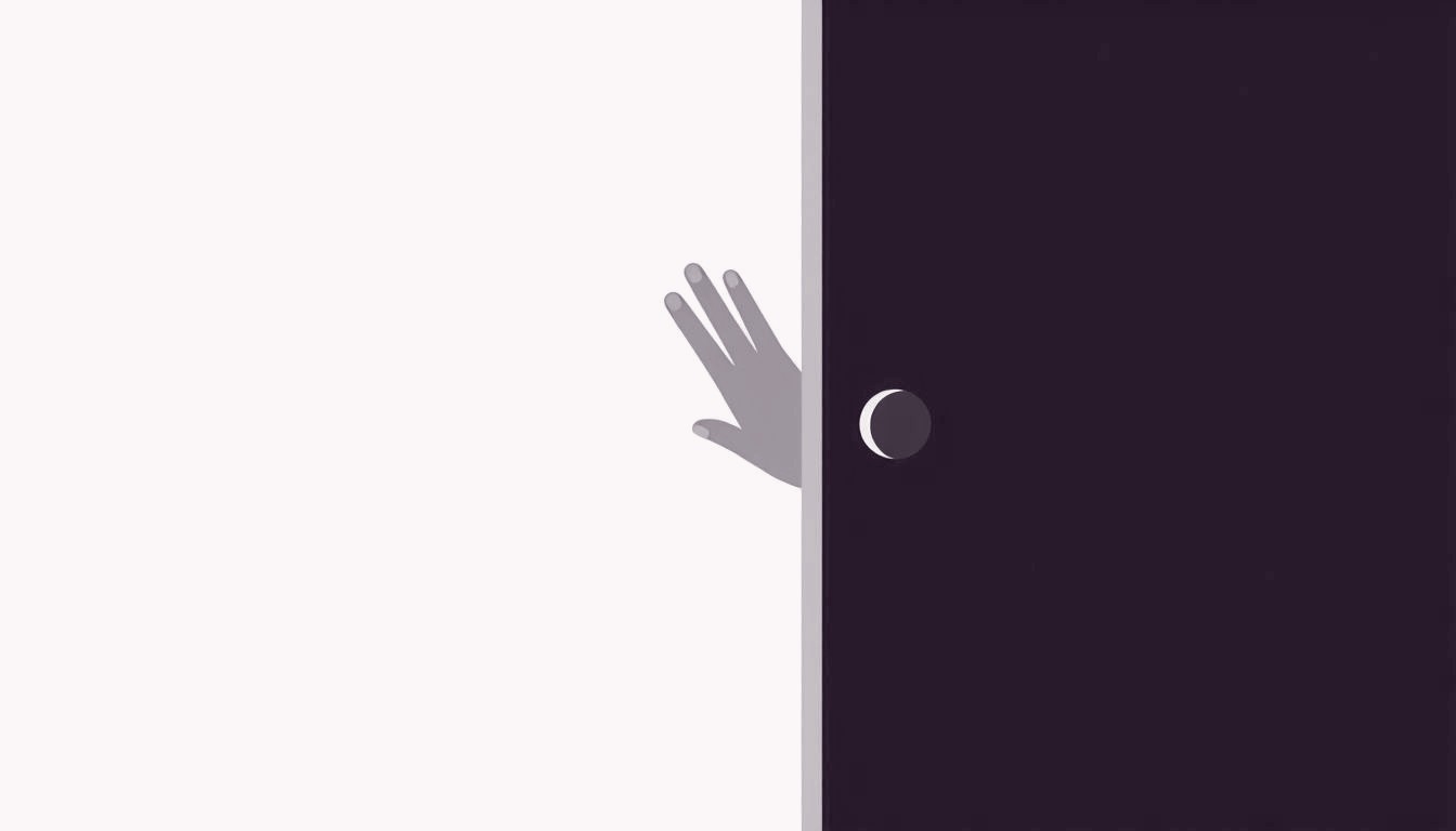 A single hand gently pushing through a slightly ajar door, the gap hinting at trust while the door frame marks a boundary.