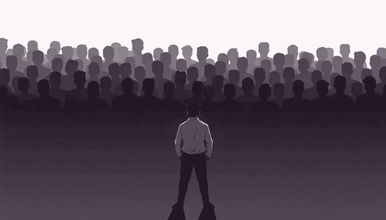A solitary figure stands with shoulders hunched, eyes narrowed, while an amorphous, looming crowd silhouette presses close behind them.