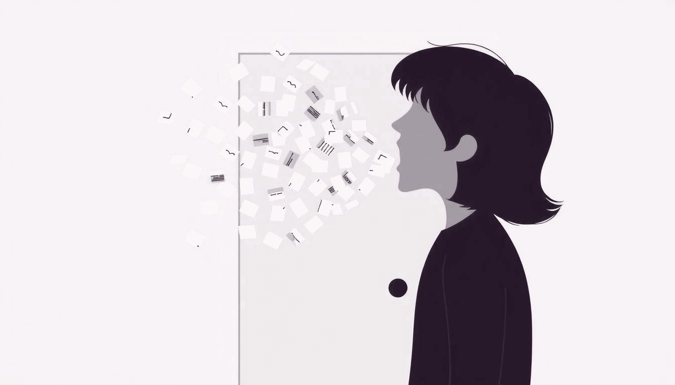 A person with an open mouth releases a stream of tiny paper notes that spill onto a closed door