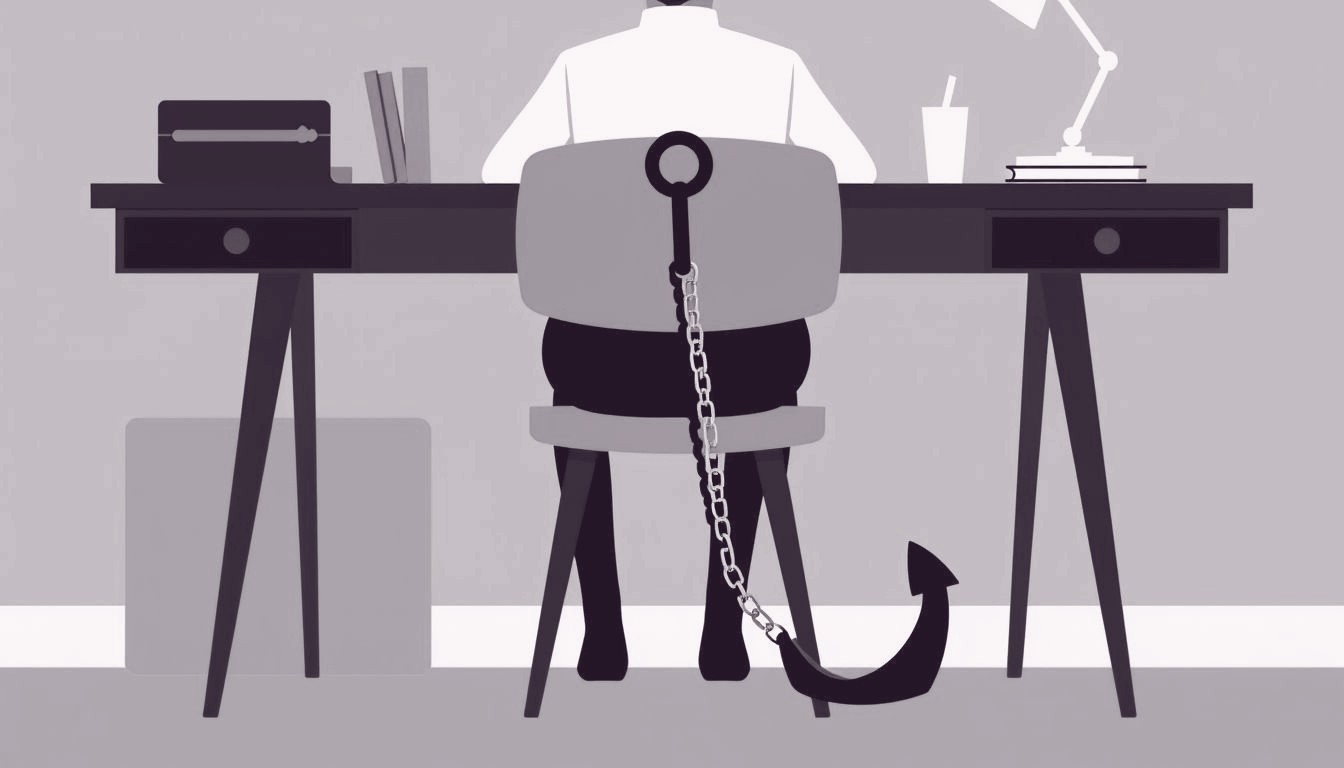 A person sits at a desk with an anchor chained to the chair leg, symbolizing quiet restraint.